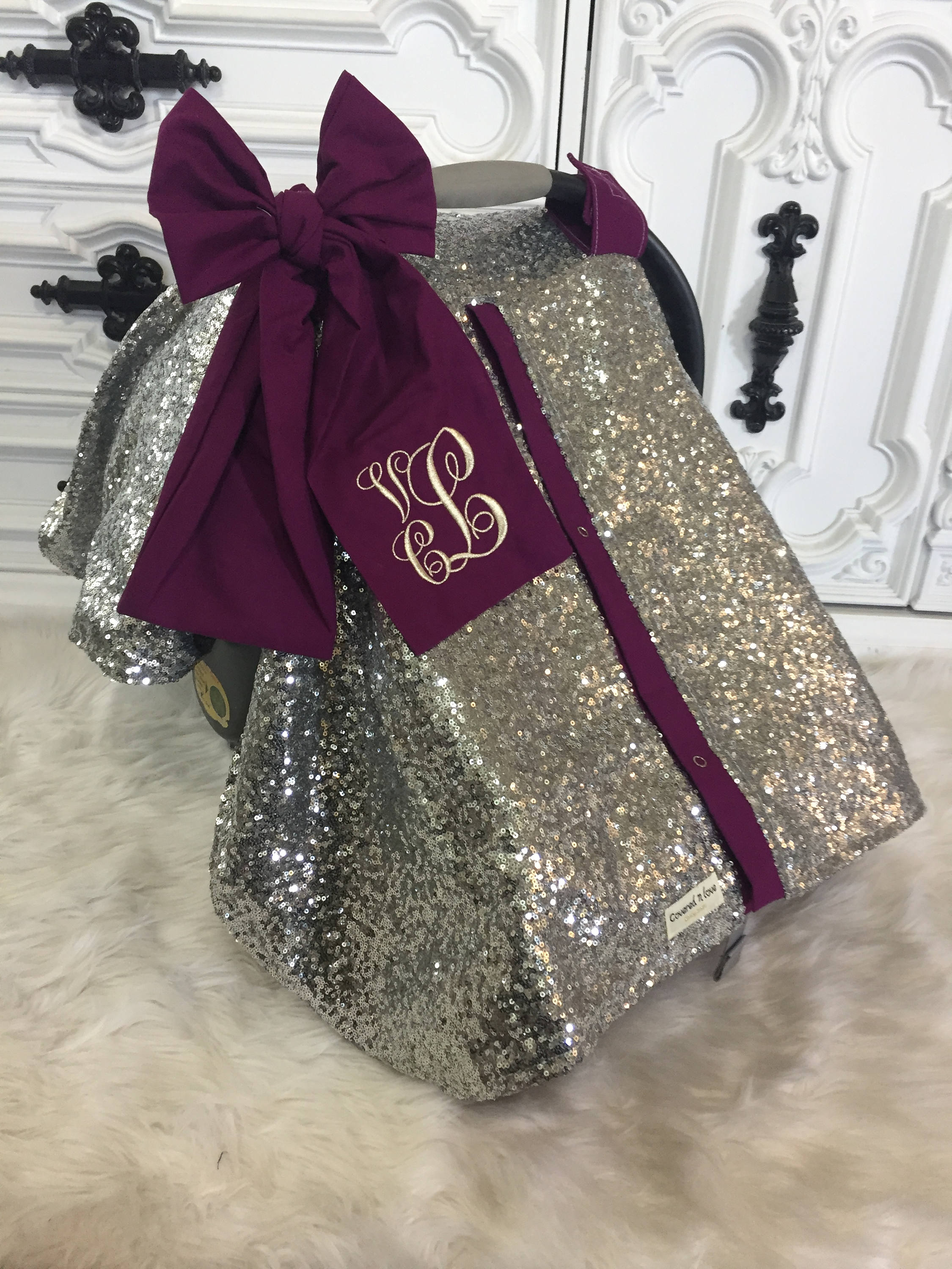Silver Sparkle Car Seat Canopy With Bow And Name Cat Cover Ooak Sequin Infant Gold