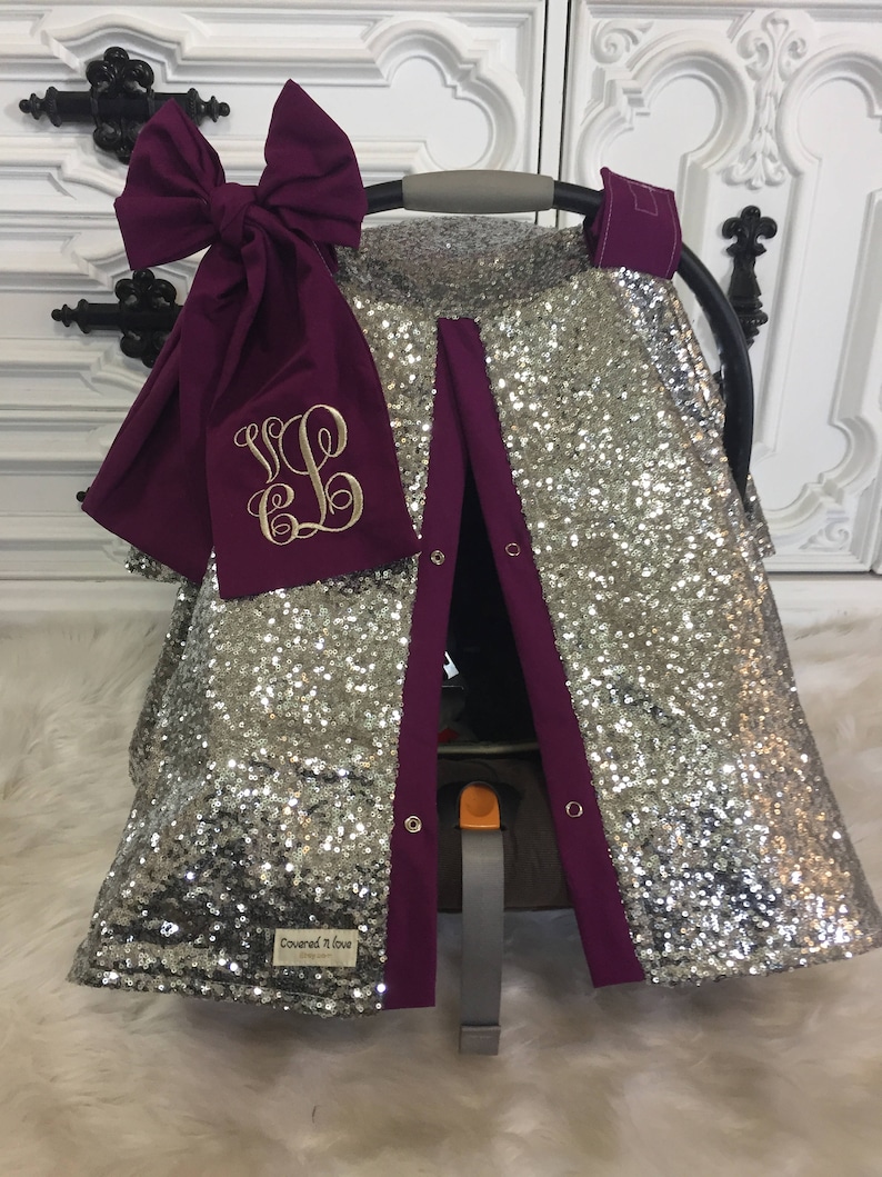 Silver Sparkle Car Seat Canopy With Bow and Name / Carseat Etsy