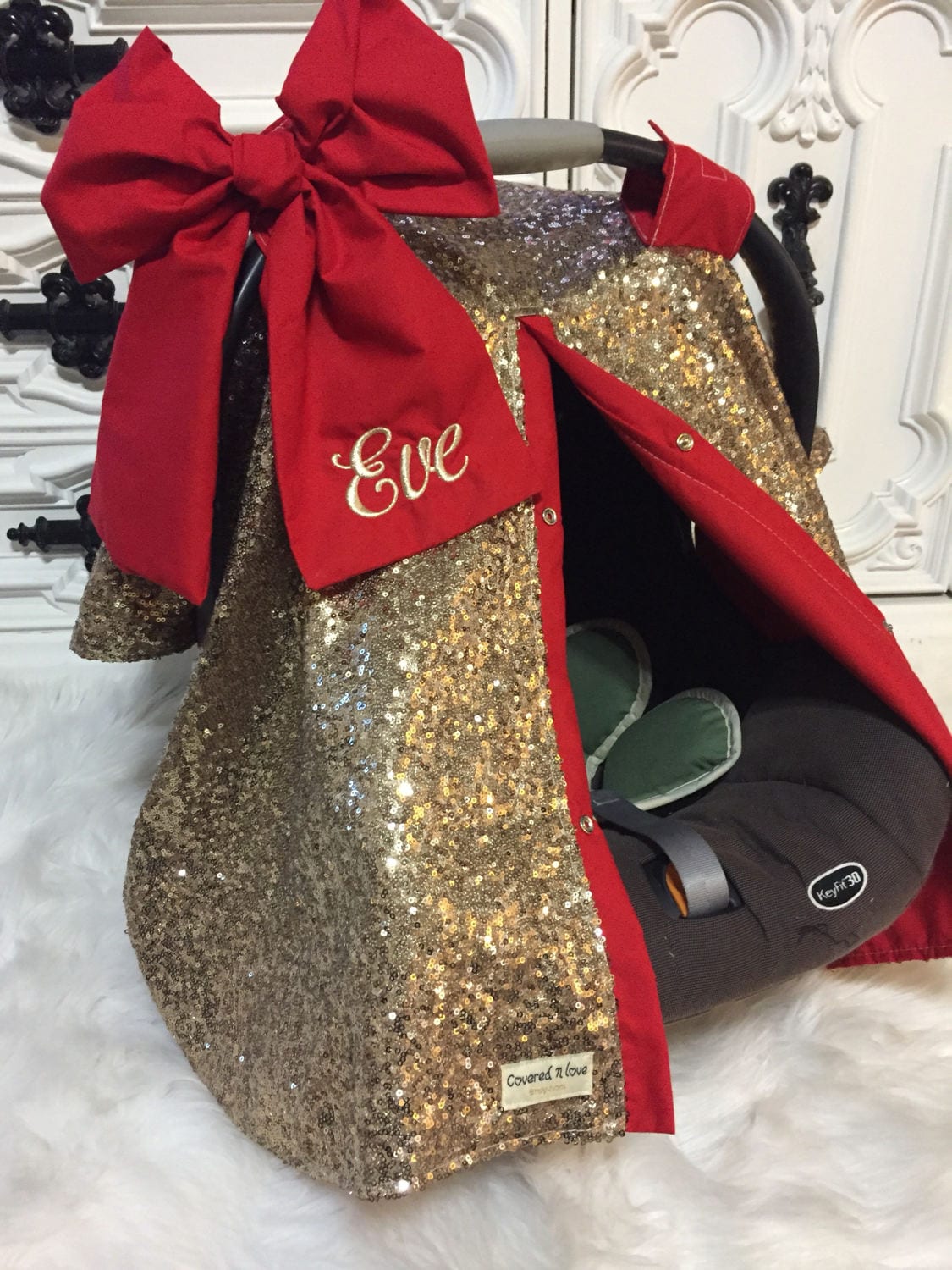 Gold sparkle car seat canopy with bow and name / carseat cover Etsy