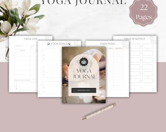 May include: A yoga journal with the title "YOGA JOURNAL" and the text "22 Pages". The journal includes pages for yoga logs, goals, music, and sequences. A pen rests near the journal, and a floral arrangement is in the background.