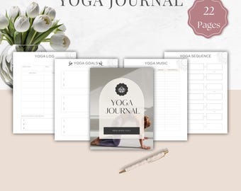 May include: A yoga journal with the title "YOGA JOURNAL" and the text "22 Pages". The journal includes pages for yoga logs, goals, music, and sequences. A pen and a vase of white flowers are also visible.