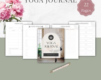 May include: A yoga journal with a floral design, featuring pages for yoga logs, goals, music, and sequences. The cover displays the text "Yoga Journal" and "Mind Body Soul". A pen and a bouquet of pink peonies are also visible.