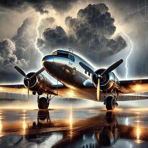 May include: A silver airplane on a runway with a stormy sky in the background. Lightning strikes in the distance. The airplane has a dark gray cockpit and a silver body.