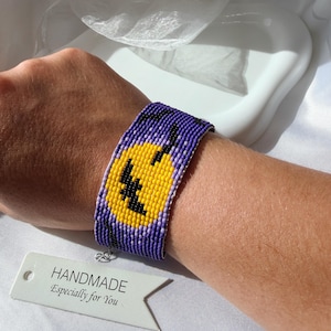 Halloween Bat Bracelet, Purple Beaded Bracelet, Moon and Bats Jewelry, Czech Seed Bead Cuff, Spooky Halloween Gift
