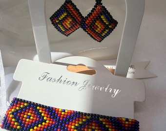 Colorful Beaded Jewelry Set, Geometric Bracelet and Earrings, Boho Jewelry Set, Handmade Seed Bead Gift for Her