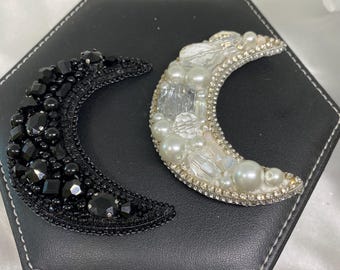 Handmade Crescent Moon Beaded Brooch, Celestial Jewelry, Gift for Her