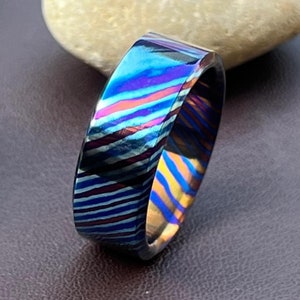 Handmade Timascus Ring Timascus Couple Wedding Ring Colorful Timascus Band Engagement Ring 5th Anniversary Ring Gift Unisex Ring Mokuti Ring