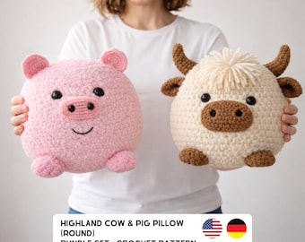Cow and Pig Pillow Crochet Pattern Bundle – Farm Animal Crochet Patterns (Round), 4 Language PDF