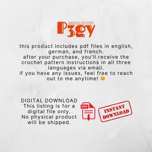 May include: Digital download crochet pattern for P3gy in English, German, and French. This listing is for a digital file only. No physical product will be shipped. Instant download.