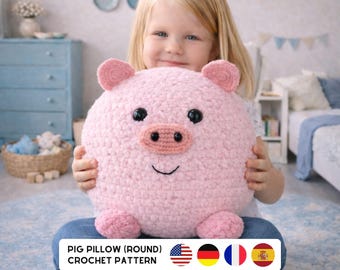 Pig Pillow Crochet Pattern PDF | Round Pillow | 4 Languages