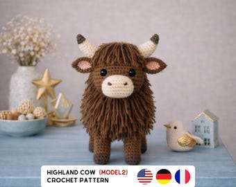 Highland Cow Crochet Pattern: Amigurumi cow Tutorial (PDF Download En/De/Fr)