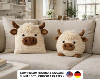 Highland Cow Crochet Pillow Pattern | Farmhouse Crochet Decor |  Round - Square Amigurumi (Digital Download PDF)