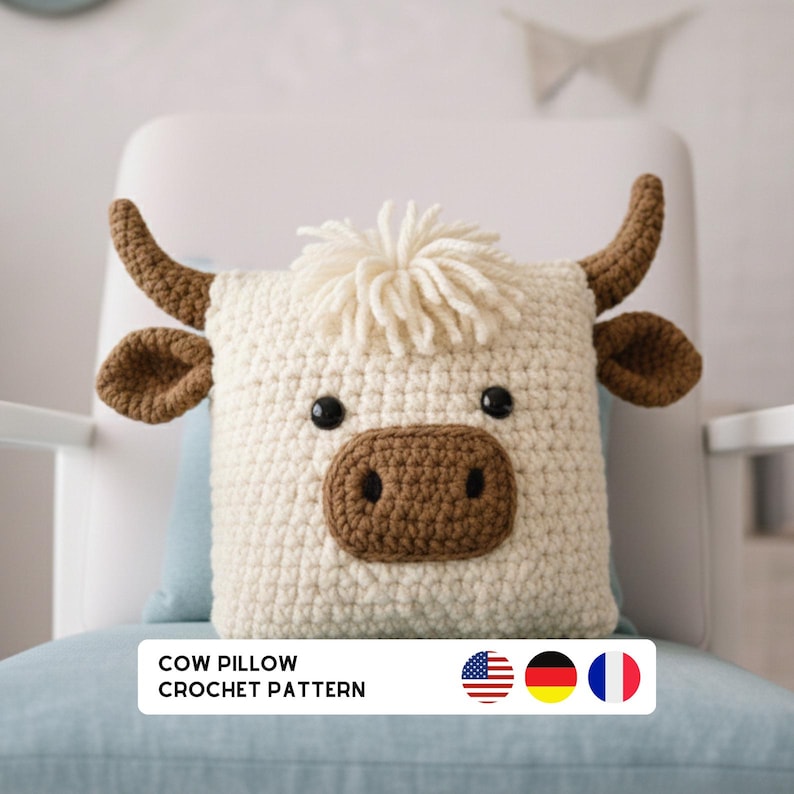 Highland Cow Pillow Crochet Pattern | Amigurumi Cow Cushion PDF image 4