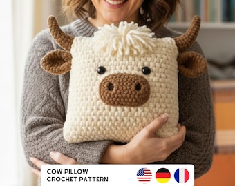 Highland Cow Pillow Crochet Pattern | Amigurumi Cow Cushion PDF