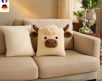 Highland Cow Pillow Crochet Pattern Pdf – Amigurumi cow pillow home decor – Digital Download – 3 Languages (EN/DE/FR)