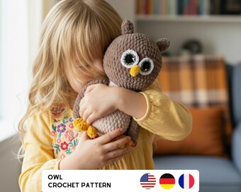 Owl Plushie Crochet Pattern – Easy Amigurumi Pdf Tutorial (3 Languages) – EN / DE / FR Included