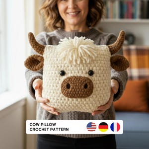 Wzór na szydełkową poduszkę z krową szkocką | Poduszka z krową amigurumi w formacie PDF