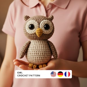 May include: A crocheted owl in shades of brown and beige, with large, round eyes and a yellow beak. The owl is held in someone's hands. The text "OWL CROCHET PATTERN" is displayed below the owl, along with flags.
