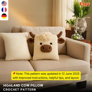 Patrón de crochet para almohada de vaca de las Tierras Altas (PDF) – Animal de granja amigurumi – Descarga digital – 3 idiomas (EN/DE/FR)