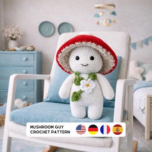 Mushroom Guy Crochet Pattern, Amigurumi Doll PDF Tutorial (En, De, Fr, Es Language Download)