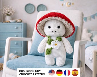 Mushroom Guy Crochet Pattern, Amigurumi Doll PDF Tutorial (En, De, Fr, Es Language Download)