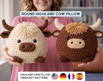 Highland Cow Pillow Crochet Pattern (Round) PDF | Amigurumi  | Easy Plush home Decor DIY