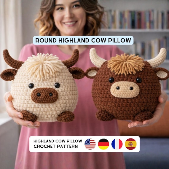 Highland Cow Pillow Crochet Pattern (Round) PDF | Amigurumi  | Easy Plush home Decor DIY