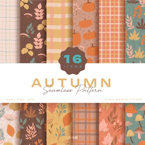May include: A collection of 16 autumn-themed seamless patterns. Designs include pumpkins, leaves, and plaid in warm colors like orange, brown, and yellow. The text "AUTUMN Seamless Pattern" is displayed.