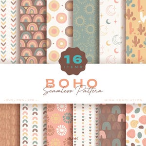 May include: A collection of 16 Boho seamless patterns in various designs. The patterns feature rainbows, suns, moons, cacti, and geometric shapes in a palette of earthy tones. The text "BOHO Seamless Pattern" is displayed below the patterns.