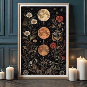 Triple Moon Garden Poster | Vintage Celestial Wall Art, Boho Home Decor