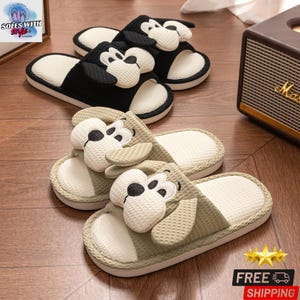 Women’s Linen Cartoon Slippers – Breathable Indoor Slip-On Shoes, Cute and Comfortable House Slippers, Soft Home Footwear, Gift for Her