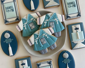 Modern Korean Dol Doljanchi Doljabi Baek-il Hanbok Custom Cookie Set (Boys version)-Decorated Cookies, Birthday Cookies, Celebration Cookies