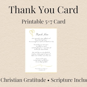 Op de afbeelding: Een bedankkaart van 5x7 inch met een christelijk thema. De kaart bevat de woorden "Thank You" in elegant schrift, samen met een oprechte boodschap en schrift. Het ontwerp bevat een gouden kruis- en hartsymbool.