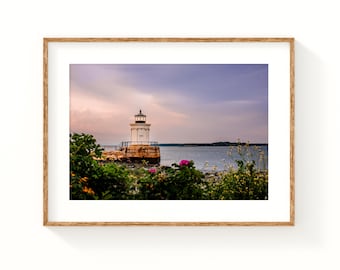 Harbor Beacon, Bug Light Lighthouse, South Portland Maine Coastal Sunset Photograph and Wall Art