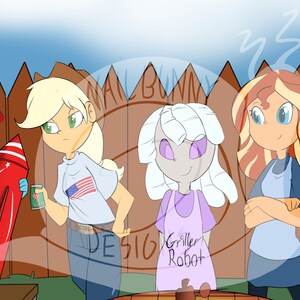 May include: Four cartoon characters, three female and one male, standing in front of a wooden fence. The female characters are wearing different colored shirts and the male character is holding a red rocket. The text "Grilles Robot" is visible on the shirt of one of the female characters.