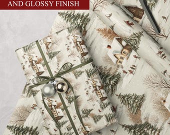 Vintage Skiers Christmas Wrapping Paper, Nostalgic Winter Skiing Wrapping Paper, Winter Scene Wrapping Paper, Christmas Village Wrap,00TM114