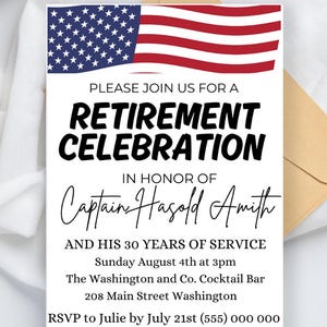 Sjabloon uitnodiging militaire pensionering – uitnodigingen patriottische pensioenfeest – canvakaart met Amerikaanse vlag – RSVP van het leger Marine Marine Corps