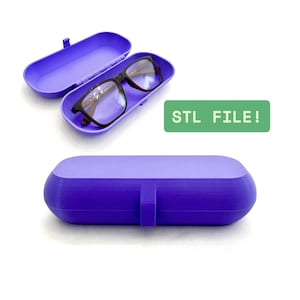 May include: A purple eyeglasses case, open to reveal a pair of black-framed glasses. The case is next to a closed case of the same color. The text "STL FILE!" is on a green rectangle.