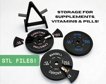 Archivos STL para organizador de pastillas con discos de pesas: Estuche de suplementos para gimnasio de 7 días (impresión 3D)