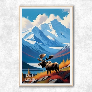 Parque Nacional Denali, Alaska, arte mural de alces, póster de viaje, impresión de parques de EE. UU., regalo para trotamundos