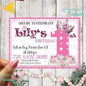 Personalized First Birthday Invitation -Custom Digital Printable -Princess Birthday -Pink and Glitter Princess Celebration Invitation
