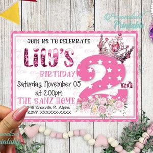 Personalized 2do Birthday Invitation -Custom Digital Printable -Princess Birthday -Pink and Stars Princess Celebration Invitation