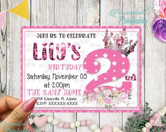 Personalized 2do Birthday Invitation -Custom Digital Printable -Princess Birthday -Pink and Stars Princess Celebration Invitation