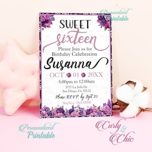 Personalized Sweet Sixteen Invitation -Custom Digital Printable -Mis Quince 15 Anos Birthday -Purple Lavander Floral Celebration Invitation