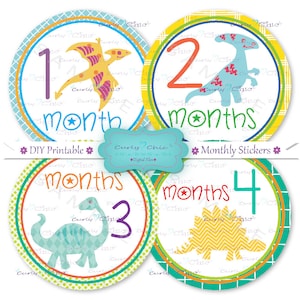 TÉLÉCHARGEMENT INSTANTANÉ-12 stickers mensuels imprimables pour bébé 4" - Stickers bébé garçon grandir - marqueurs d'étape dinosaure - Hello World PNG
