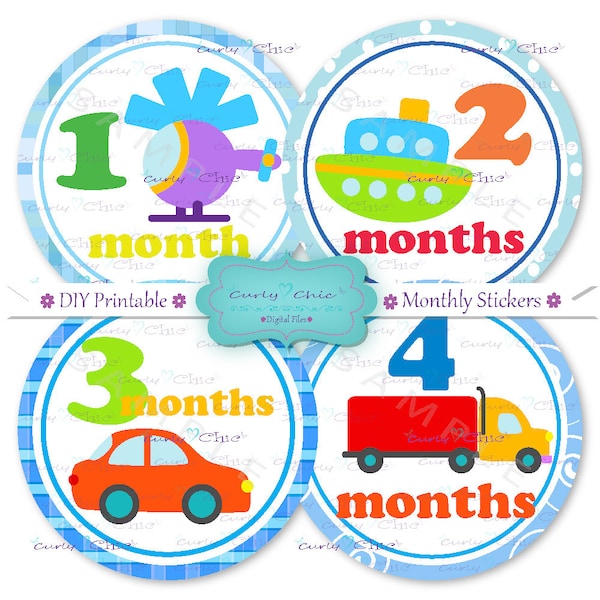 12 Printable Monthly Baby Stickers -Baby Boy Grow Up Signs 4"-Baby Trucks Cars Boat Labels -Hello I have a new Month PNG INSTANT DOWNLOAD