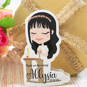 Etiketten eerste communie - visitekaartjes bedankt - gepersonaliseerde schattige stickers gebedsmeisje - aangepaste bevestiging decor - decor verjaardagstags