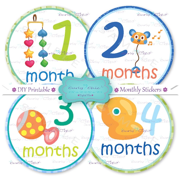 INSTANT DOWNLOAD -12 Printable Monthly Baby Stickers 4" -Baby Boy Grow Up Signs -Baby Toys Play Labels -Hello I have a new Month PNG