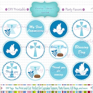INSTANT DOWNLOAD -Boy First Communion Favor Toppers- Size 2&quot;  -Printable Party Tag -Digital Cupcake Topper -Boy Confirmation Digital Labels