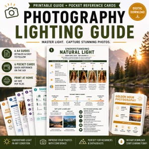 May include: A photography lighting guide with the text "Photography Lighting Guide" and "Master Light. Capture Stunning Photos." Includes 6 A4 guides, 6 pocket cards, and a digital download. The guide covers natural light and golden hour photography.